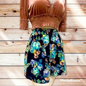 Floral mini skirt M blue high waist A line flowy circle stretch waist green